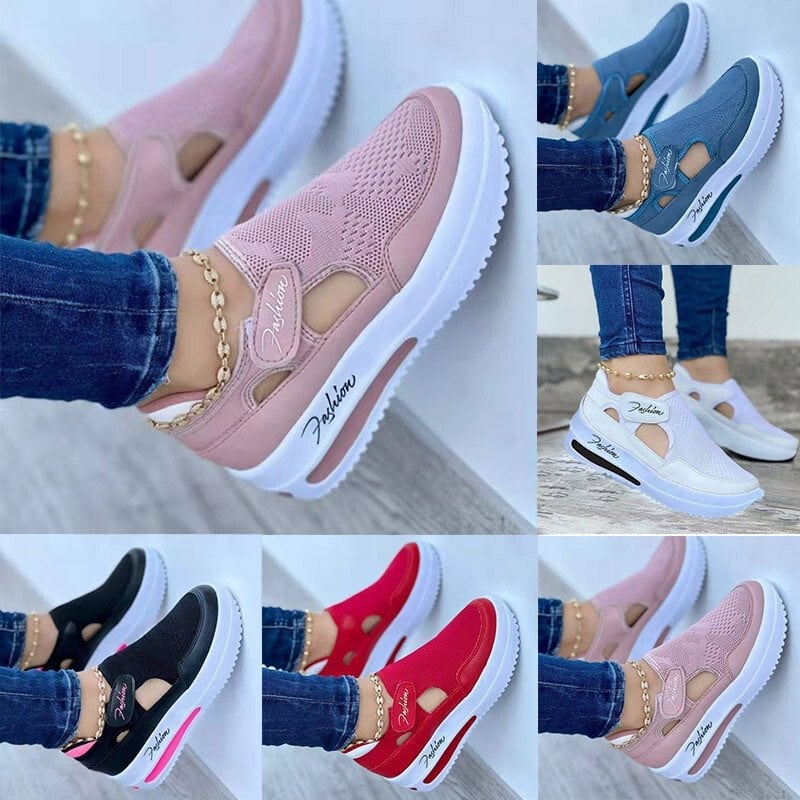 Damenmode Hollow Flyknit Velcro Plateauschuhe