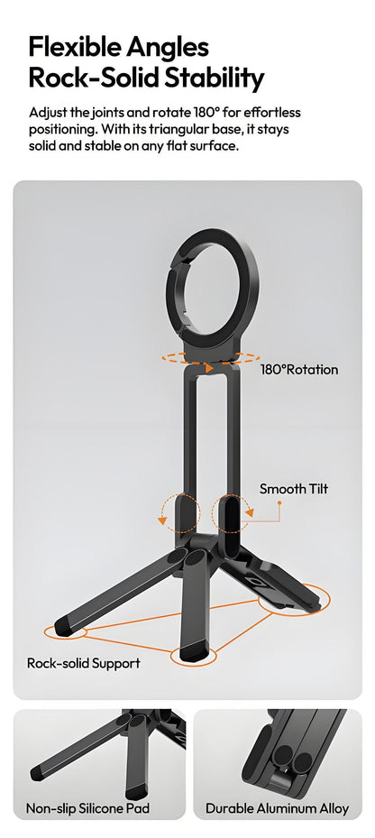 Magnetic Phone Tripod for iPhone, MA38 Portable Phone Holder Mini Tripod for Magsafe with Double-Sided Strong Magnetic 1/4'' Arri Locating Hole Foldable Hook