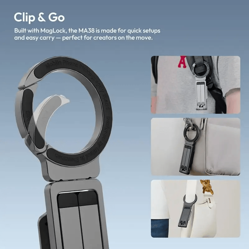 Magnetic Phone Tripod for iPhone, MA38 Portable Phone Holder Mini Tripod for Magsafe with Double-Sided Strong Magnetic 1/4'' Arri Locating Hole Foldable Hook